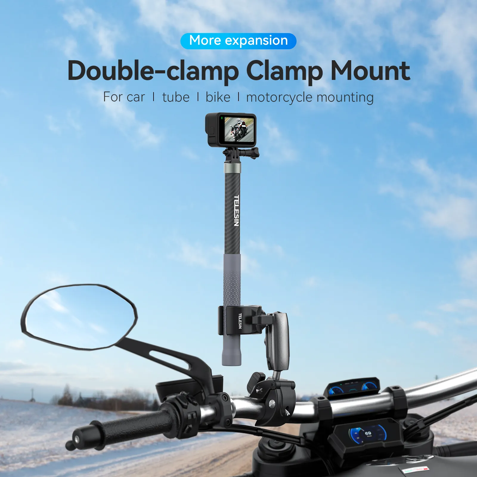 TELESIN Motorcycle Bike Monopod Bicycle Handlebar Panoramic Mount Invisible Selfie Stick Bracket for GoPro Hero DJI Insta360 2 TELESIN Motorcycle Bike Monopod Bicycle Handlebar Panoramic Mount Invisible Selfie Stick Bracket for GoPro Hero DJI Insta360 2