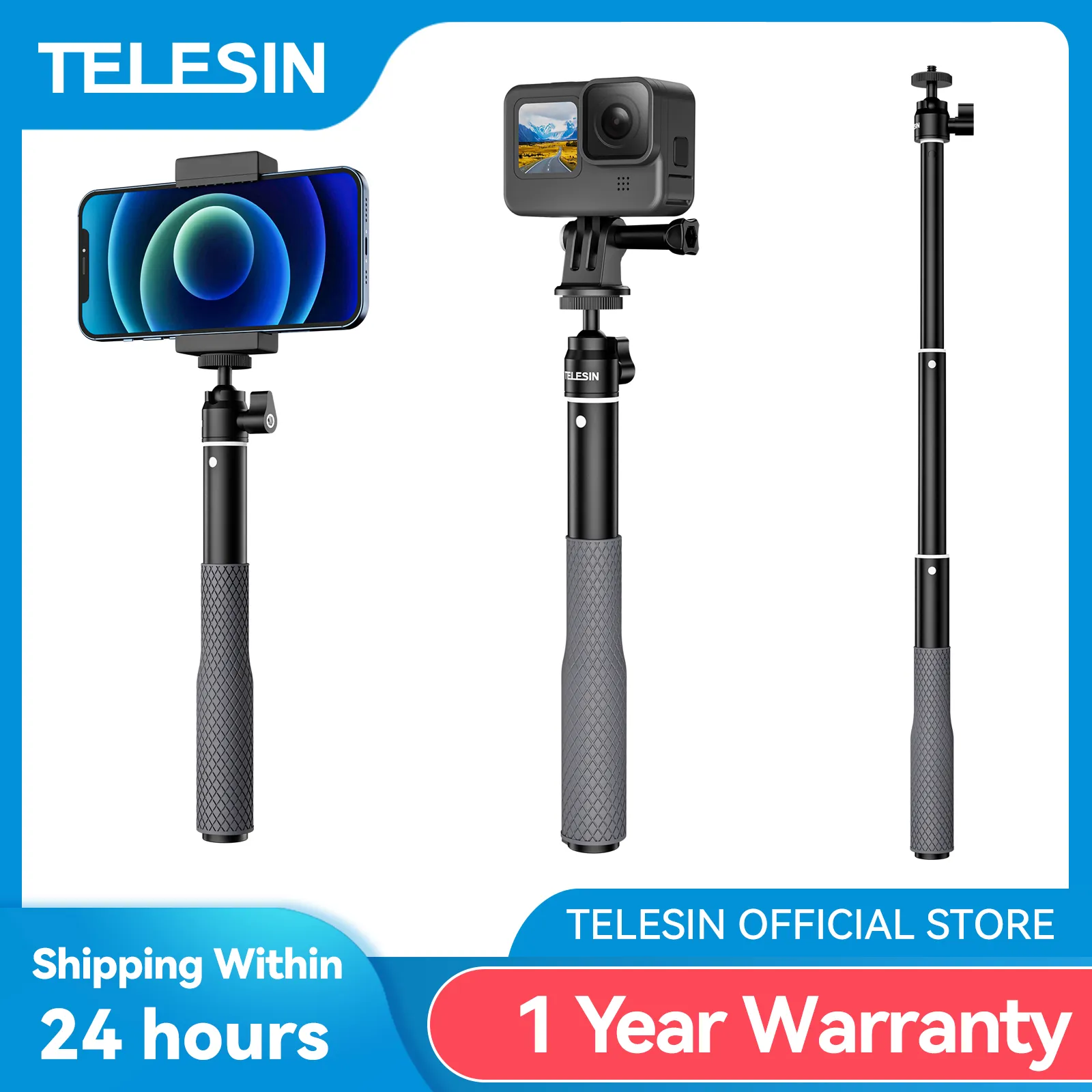 TELESIN Waterproof Divng Selfie Stick Floaty Monopod 360° Rotation Ball Head Selfie Stick for GoPro DJI Osmo Action Insta360 1