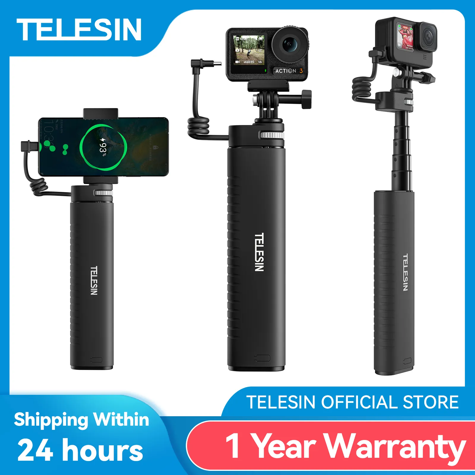 TELESIN Charging Selfie Stick 10000mah Power Bank Universal For Gopro Insta360 DJI Action Sports Camera For Smart Phone 1 TELESIN Charging Selfie Stick 10000mah Power Bank Universal For Gopro Insta360 DJI Action Sports Camera For Smart Phone 1