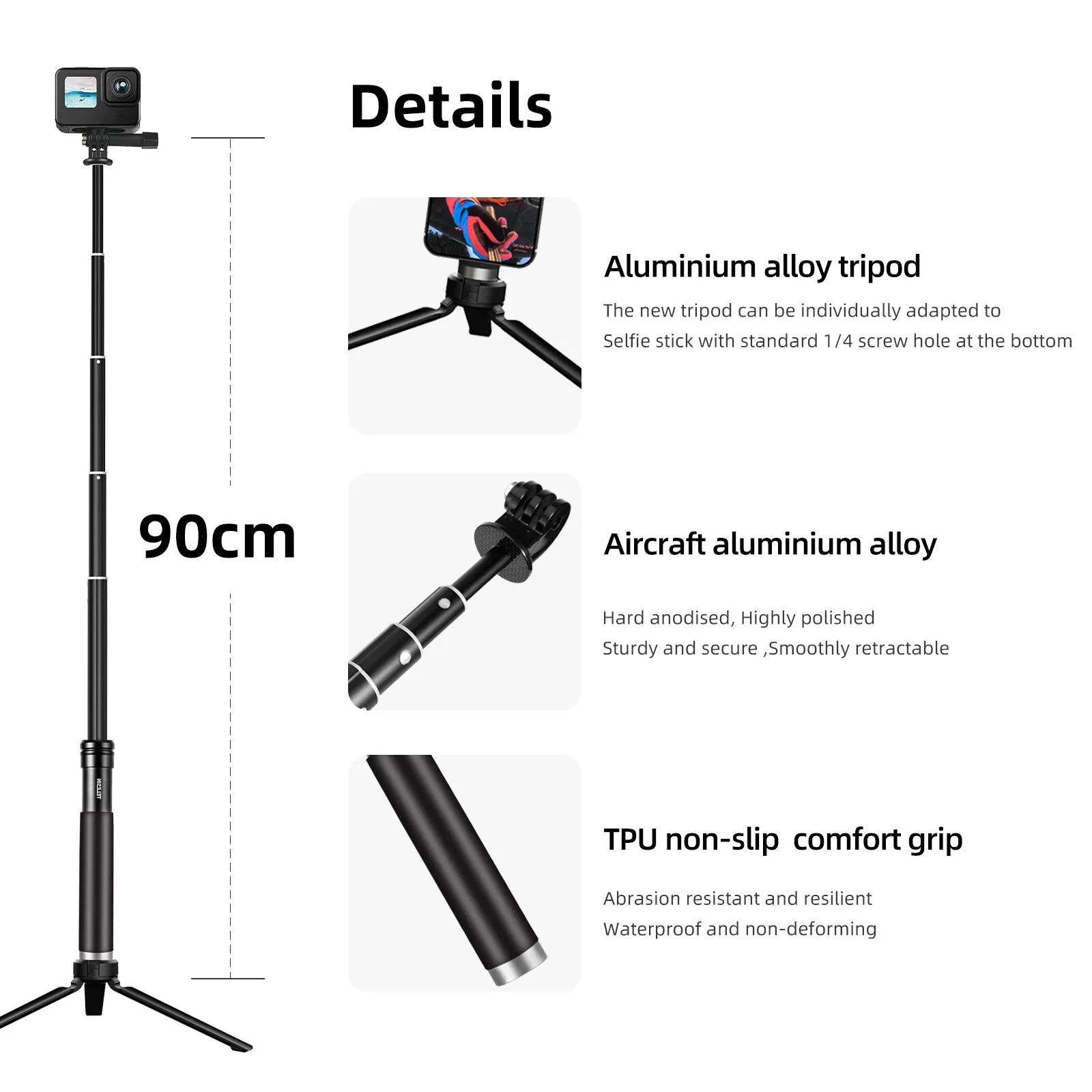 TELESIN Aluminum Alloy Selfie Stick Extendable Handheld Telescope Pole Monopod Tripod Mount for GoPro XiaoYi DJI Osmo Action 2 2