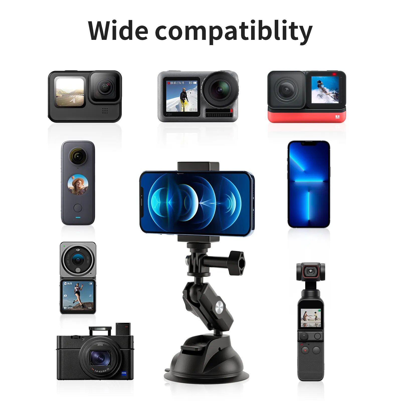 TELESIN Car Phone Action Camera Holder Suction Cup 360 Adjustable 1/4 Standard Adapter For GoPro Insta360 DJI Action Smart Phone 6 TELESIN Car Phone Action Camera Holder Suction Cup 360 Adjustable 1/4 Standard Adapter For GoPro Insta360 DJI Action Smart Phone 6