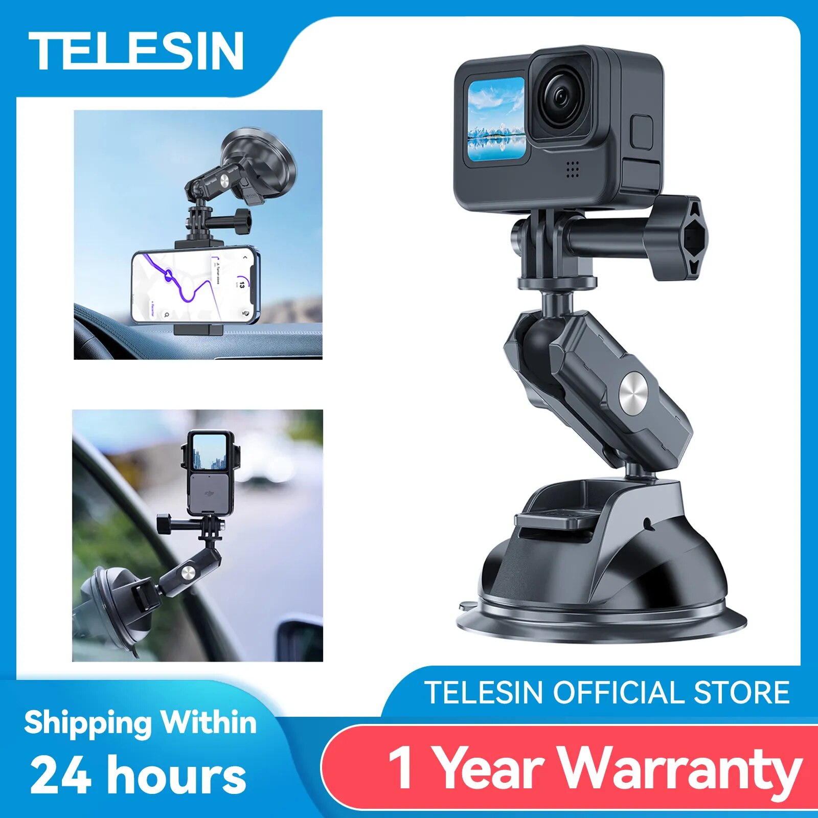 TELESIN Car Phone Action Camera Holder Suction Cup 360 Adjustable 1/4 Standard Adapter For GoPro Insta360 DJI Action Smart Phone 1 TELESIN Car Phone Action Camera Holder Suction Cup 360 Adjustable 1/4 Standard Adapter For GoPro Insta360 DJI Action Smart Phone 1